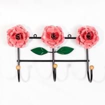 Cabideiro de Parede Suporte Artesanal 3 Ganchos Flor Rosa Cabideiro de Parede Suporte Artesanal 3 Ganchos Flor Rosa