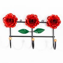 Cabideiro de Parede Suporte Artesanal 3 Ganchos Flor Vermelha