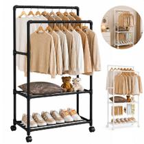 Cabideiro duplo arara organizador de roupas calca camisa 2 prateleira sapateira multiuso 4 rodinhas 360 branco Cabideiro duplo arara organizador de roupas calca camisa 2 prateleira sapateira multiuso 4 rodinhas 360 branco