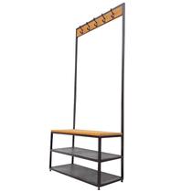 Cabideiro / Sapateira Estilo Industrial - Com 2 Prateleiras de Ferro, 1 Assento de Madeira e 5 Ganchos