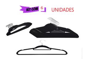 Cabides Veludo Preto Rayco Kit com 6 unidades para Camisa Roupa Antideslizante 44x23cm