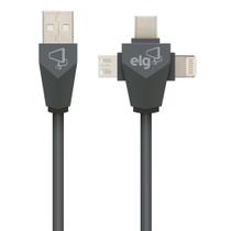 Cabo 3 em 1, Sincronização e Recarga 12W 2.4A, Lightning, USB Tipo-C e Micro USB, 1,5 metro, Cinza, PW31C, ELG