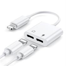 Cabo Adaptador 2 em 1 Duplo para iPhone 14 13 12 11 10 iPad Conector Lightning Branco Carregador e Fone de Ouvido