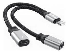 Cabo Adaptador Para Lightning Duplo + P2 Áudio Fone Cor Cinza