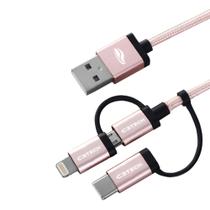 Cabo C3Tech USB x 3 em 1 USB Micro V8, Tipo C e Lightining 1,5m 2.4A Nylon - CB-3000