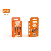 Cabo Carregador 3 em 1 Tipo C Ios Micro USB V8 Android 3A Resistente Carga Rápida 1 Metro Kaidi KD-30 Cabo Carregador 3 em 1 Tipo C Ios Micro USB V8 Android 3A Resistente Carga Rápida 1 Metro Kaidi KD-30