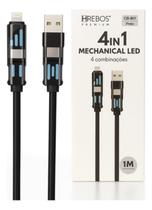 Cabo Carregador 4 Em 1 Mechanical Led Hrebos Premium Cb-801 Cabo Carregador 4 Em 1 Mechanical Led Hrebos Premium Cb-801