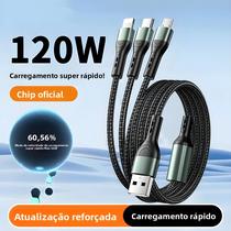 Cabo Carregador Rápido 3 Em 1 De 120W Para Apple, Samsung, iPhone, Tipo-C, USB a E C