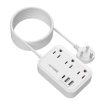 Cabo de extensão + Adaptador de plugue do Reino Unido para os EUA + 3 tomadas + 3 USB