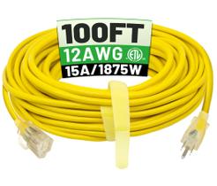 Cabo de extensão POWGRN 100 pés, calibre 12, 3 pinos, 15A, 1875W, amarelo