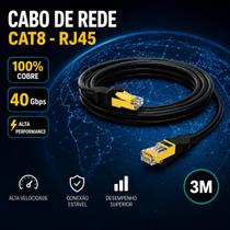 Cabo de Rede CAT8 RJ45 3 Metros 40Gbps 2000MHz S/FTP 100 Cobre Anatel Cabo de Rede CAT8 RJ45 3 Metros 40Gbps 2000MHz S/FTP 100 Cobre Anatel