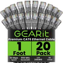 Cabo Ethernet GearIt Cat 6 de 1 pé (30 cm) 10 Gbps, pacote com 20 unidades, cinza