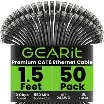 Cabo Ethernet GearIt Cat 6, pacote com 50, 0,5 m, 10 Gbps, RJ45, preto Cabo Ethernet GearIt Cat 6, pacote com 50, 0,5 m, 10 Gbps, RJ45, preto