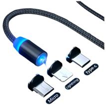 Cabo para Carregador Turbo com 3 Conectores Magnéticos Lightning Micro USB TypeC Alta Velocidade