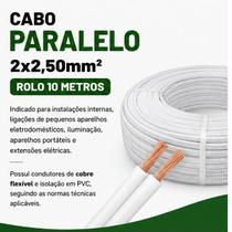 Cabo Paralelo 2x2,50mm Rolo 10 Metros Branco Fio de Cobre Flexível Cabo Paralelo 2x2,50mm Rolo 10 Metros Branco Fio de Cobre Flexível