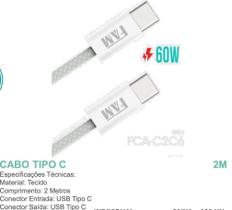 Cabo tipo c / tipo c 2m fca-c2c6 tecido fam Cabo tipo c / tipo c 2m fca-c2c6 tecido fam