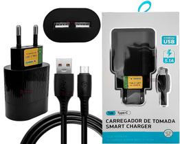 Cabo Tipo C Usb 1m + Carregador Fonte Tomada Com 2 USB 5.1A Ultra Rápido Resistente - Dados e Carga Cabo Tipo C Usb 1m + Carregador Fonte Tomada Com 2 USB 5.1A Ultra Rápido Resistente - Dados e Carga