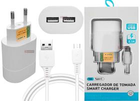 Cabo Tipo C Usb 1m + Carregador Fonte Tomada Com 2 USB 5.1A Ultra Rápido Resistente - Dados e Carga
