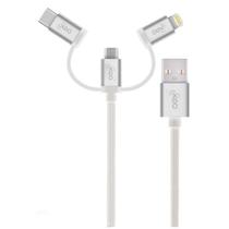 Cabo Trio OEX CE301, USB Com Conectores Micro USB, Type-C E Lightning em Nylon Trançado, 1 Metro, Cinza - 500074