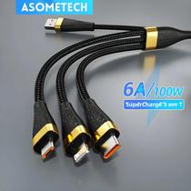 Cabo USB 3 em 1 com Carregamento Rápido 100W (6A) - Compatível com Huawei, Honor, iPhone 14 e Samsung