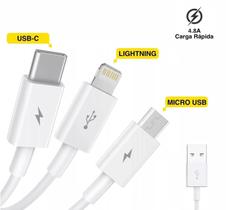 Cabo USB 3 em 1 Lightning Type-C Micro V8 1,2 Metros para Celular