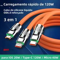 Cabo USB C De Carregamento Rápido 120W 6A Micro USB Para iPhone Samsung Huawei Xiaomi Carregador De