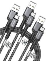Cabo USB C JSAUX 3.1A de carregamento rápido, pacote com 3 (3 m+2 m+1 m), cinza