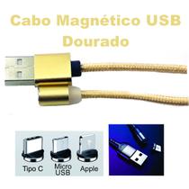 Cabo USB Magnético Nylon Dourado trançado Led Micro Tipo "C"