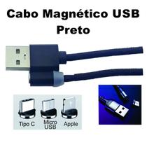 Cabo USB Magnético Nylon Preto trançado Led Micro Tipo "C"