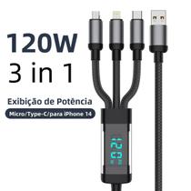 Cabo USB Tipo C 3 Em 1 Com Carregamento Rápido De 120W E Display LCD Para iPhone 14, Galaxy S24