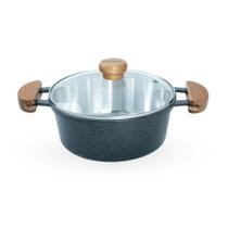 Caçarola De Alumínio Fundido N 22 Com Alça De Madeira e Tampa De Vidro - Cor Craqueado Preto