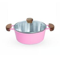 Caçarola De Alumínio Fundido N 22 Com Alça De Madeira e Tampa De Vidro - Cor Rosa