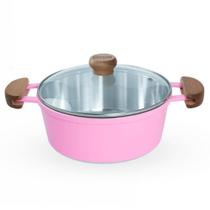 Caçarola De Alumínio Fundido N 24 Com Alça De Madeira e Tampa De Vidro - Cor Rosa