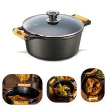 Caçarola de Ferro Fundido 2,2 Litros Com Tampa de Vidro e Cabo Madeira Todo Tipo de Fogão