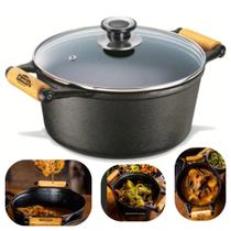 Caçarola de Ferro Fundido 3L Tampa de Vidro e Cabo Madeira Grande Todo Tipo de Fogão