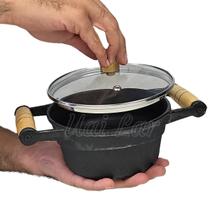 Caçarola Ferro 14 cm Tampa Vidro Alça Madeira 800 ml pequena