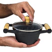 Caçarola pequena de ferro 14 cm com alças de madeira e tampa de vidro ferro fundido preto multiuso cozinha cozinhar - UAILAR