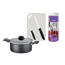 Caçarola Turim Alumínio Chumbo Antiaderente 2,0l + Faqueiro Ipanema 30pc + Tábua e Facas - Tramontina