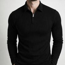 Cacharrel Sueter Polo Italiana Canelado Com Ziper Camiseta Slim Fit Premium Lisa