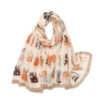 Cachecol Feminino Grande Com Estampa De Gato E Franjas, Algodão Viscose, Proteção Solar Para Viagem,