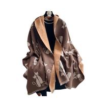 Cachecol Feminino Quente Com Estampa De Gato Em Cashmere Sintético, Xale Jacquard Para