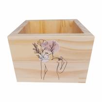 Cachepô Decorativo de Pinus com Estampa - Silhueta Flores na Cabeça 15x15x10