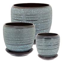Cachepô vaso decorativo planta cerâmica cinza 3 peças