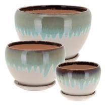 Cachepô vaso planta decorativo cerâmica azul 3 peças