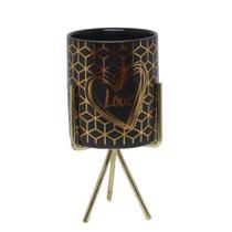 Cachepot de Cerâmica Preto e Dourado Love com Base de Metal 8 x 16,5cm