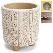 Cachepot de Cimento com Pés de Madeira Vaso simbolos Relevo