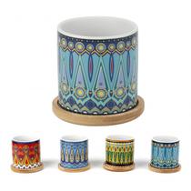 Cachepot Vaso Cerâmica base Bambu Tribal Estampado - WebStok