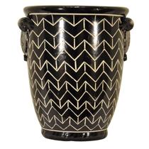 Cachepot (vaso) de cerâmica com fundo preto e pintura estilo "Chevron" em cor branca (20)