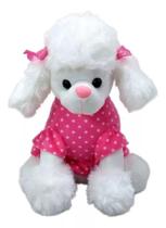 Cachorro Pelúcia Poodle Branco 28 Cm Com Roupa E Lacinho