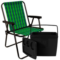 Cadeira Alta Praia Aço Verde Xadrez Suporta 110kg + Caixa Térmica Cooler 19L 26 Latas Alça Preta Cadeira Alta Praia Aço Verde Xadrez Suporta 110kg + Caixa Térmica Cooler 19L 26 Latas Alça Preta